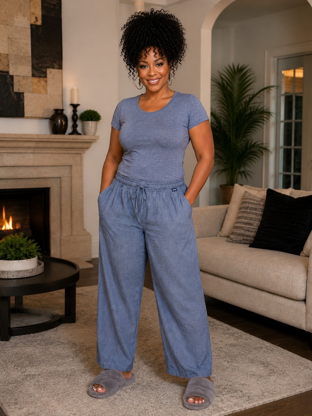 Relaxed Wide-Leg Lounge Pants in Heather Blue